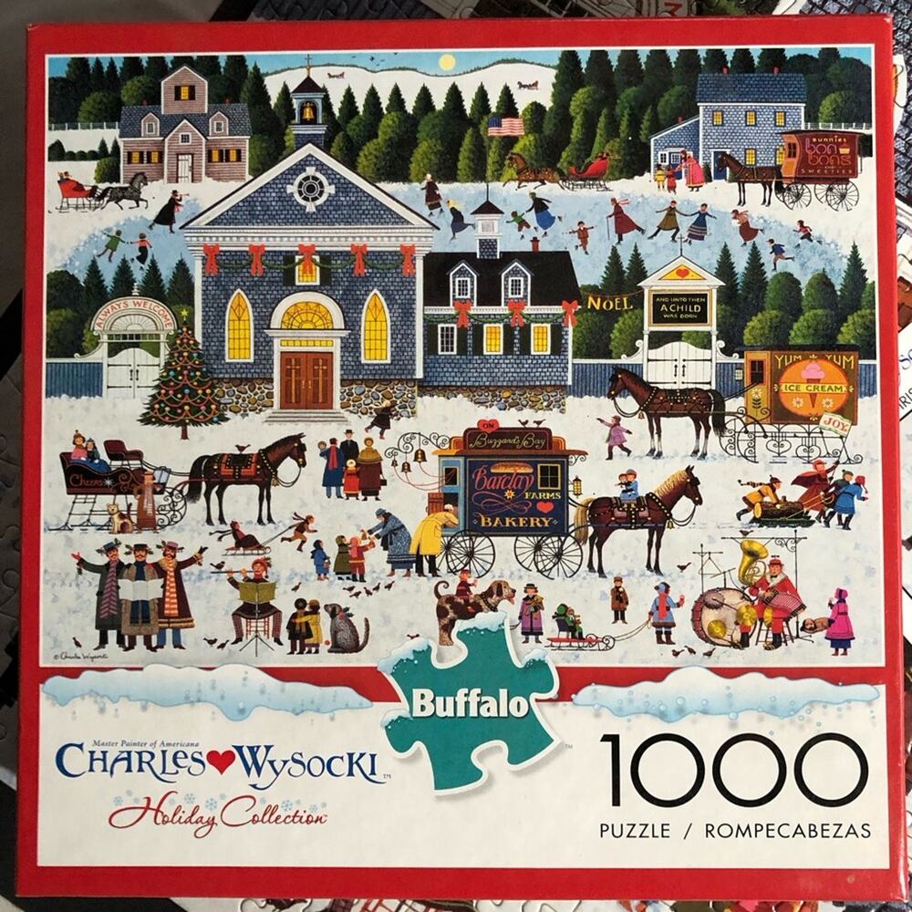 Charles Wysocki “churchyard Christmas“ 1000 piece puzzle complete with poster